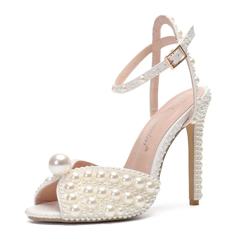 Fashion Pearl Studded Luxury Peep Toe High Heels Buckle Women Sandals Elegant Stylish Footwear Milanni Fashion