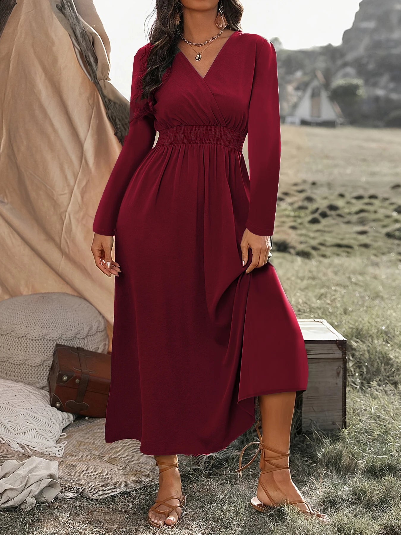 Cross-border Plus Size Autumn New Fashion V-neck Tunic Long Sleeve Dress Midi Dress Milanni Fashion Burgundy 3XL 