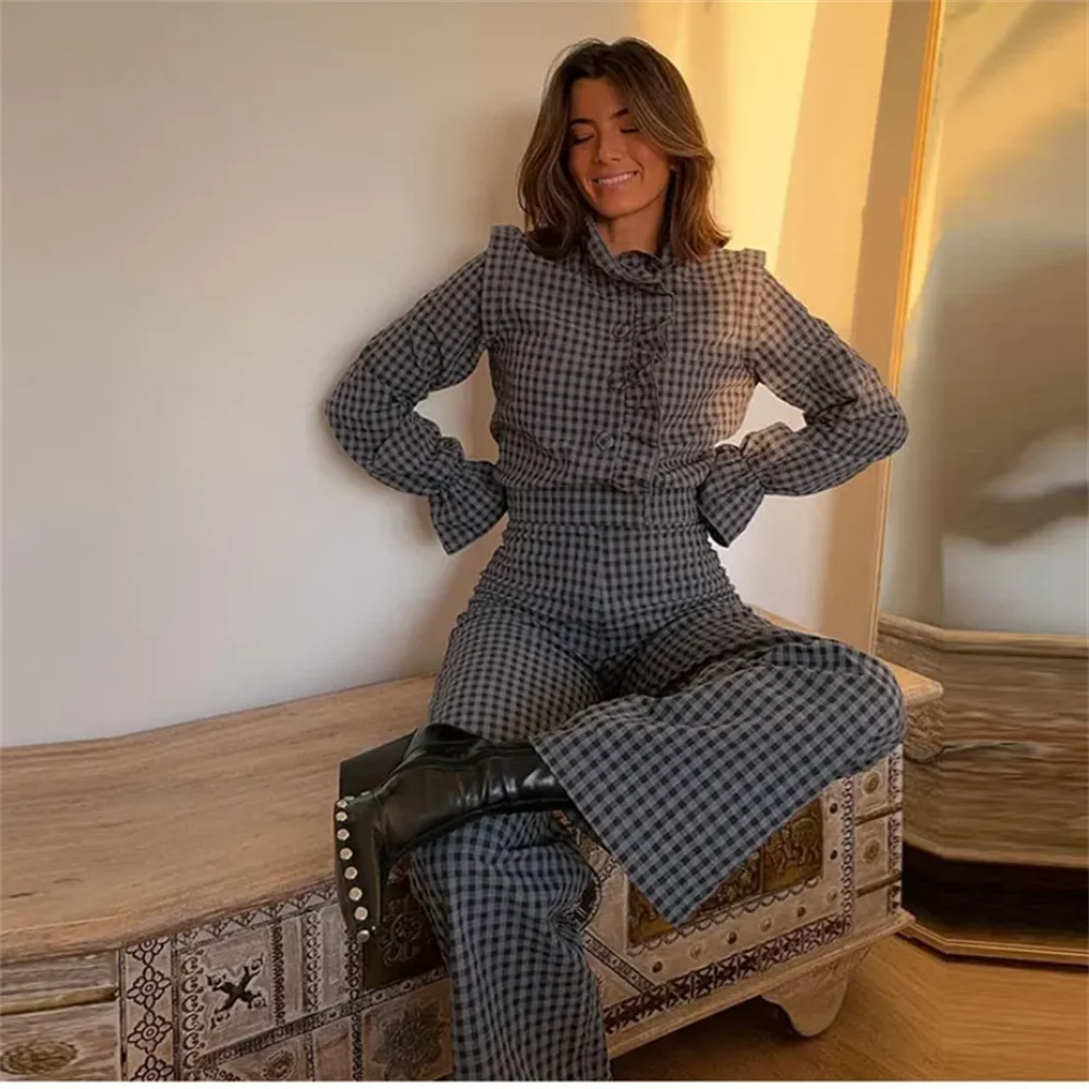 Spring Fashion Casual Plaid Long Jumpsuit with Bubble Sleeves Versatile Stylish Women's Outfit Milanni Fashion