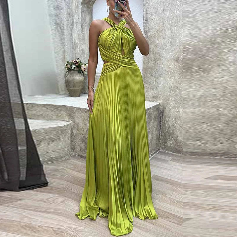 Fashion Banquet Halter Hollow Out Party Dress Women Temperament High Waist Slim Maxi Dress Elegant Sexy Pleated Slit Long Dress Dresses Milanni Fashion   