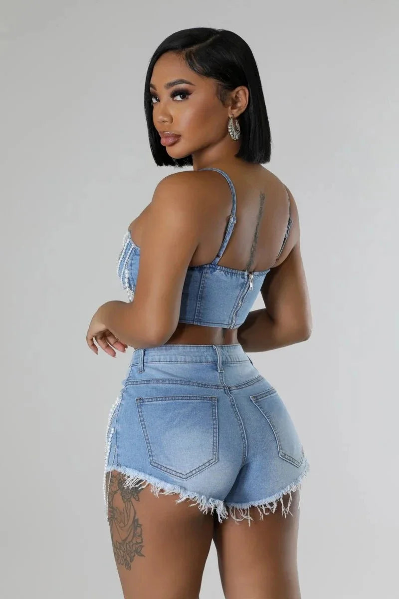 Strapless Pearl Beaded Denim Set Sexy Two Piece Jean Outfit with Top & Shorts for Women Milanni Fashion