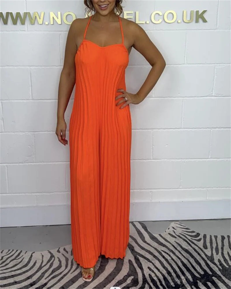 Plus Size Jumpsuit Full Body Pleated Solid Color Sleeveless Suspender Style Fashionable Women’s Outfit Milanni Fashion Orange 1XL