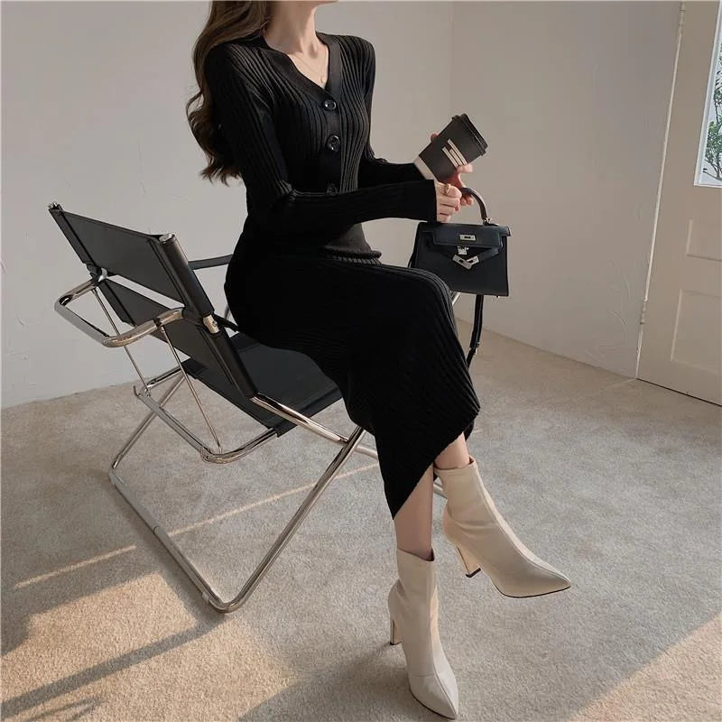 Winter Slim Women Long Dress V Neck Sexy High Waist Knitted Long Sleeve Solid Color Outwear Dress  Milanni Fashion   