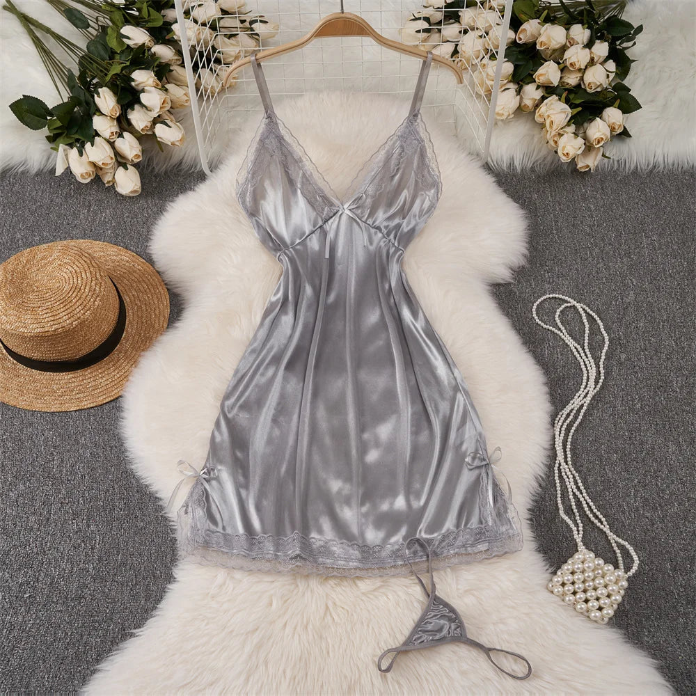 Solid Lace Patchwork Slim Sleeping Dress V-Neck Bow A-Line Casual Dress  Milanni Fashion Gray M 