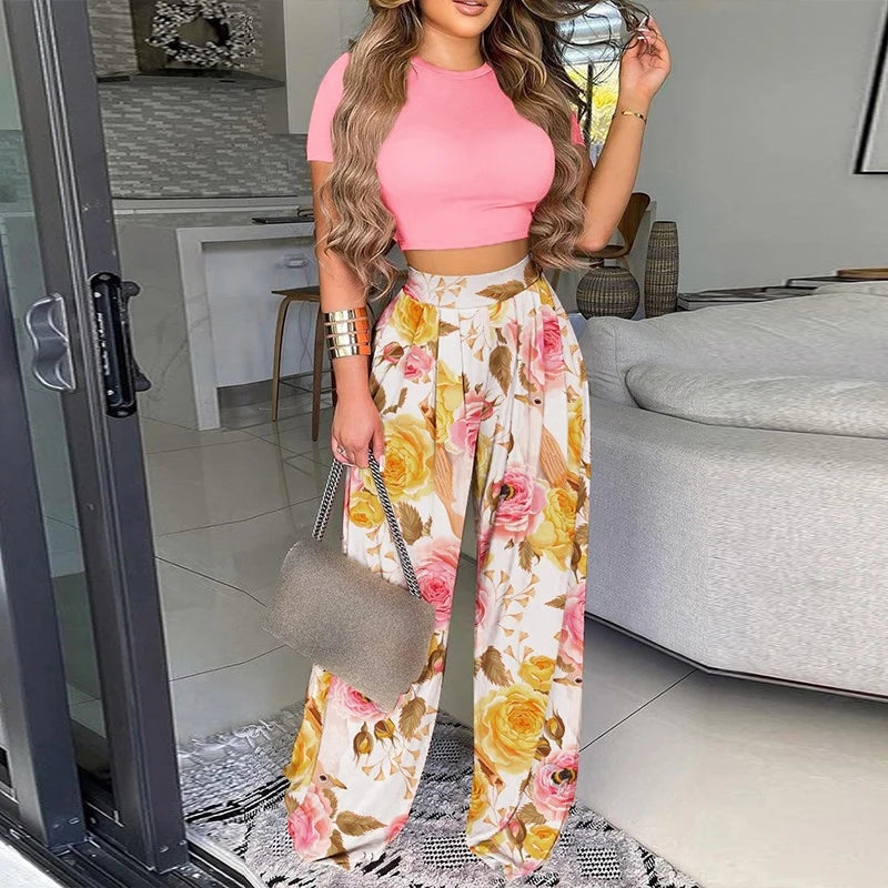 Elegant Print Office Lady Outfit O-Neck Shirt & Wide Leg Pants Women’s Two-Piece Set Milanni Fashion