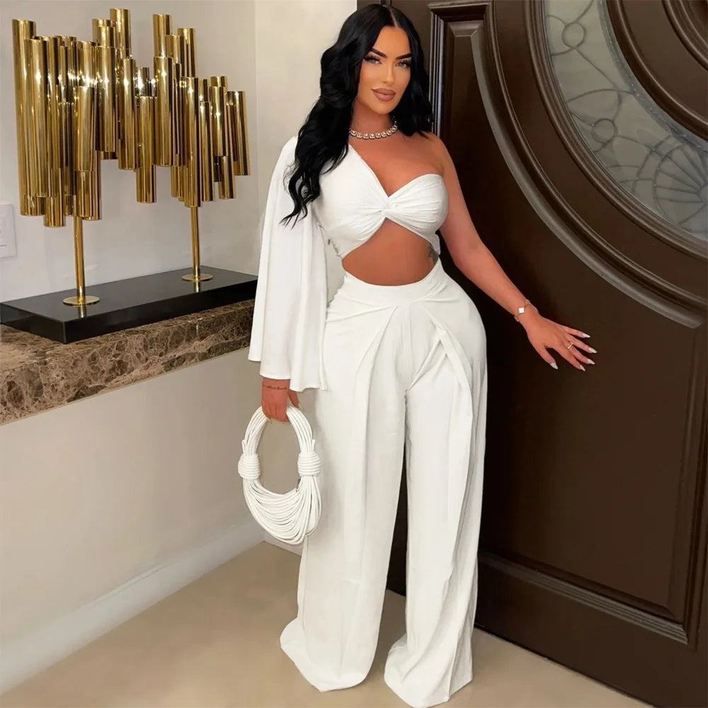 Ladies Sexy Matching Set Women Wide Leg Pant & One Shoulder Top Luxury Outfit  Milanni Fashion White M 