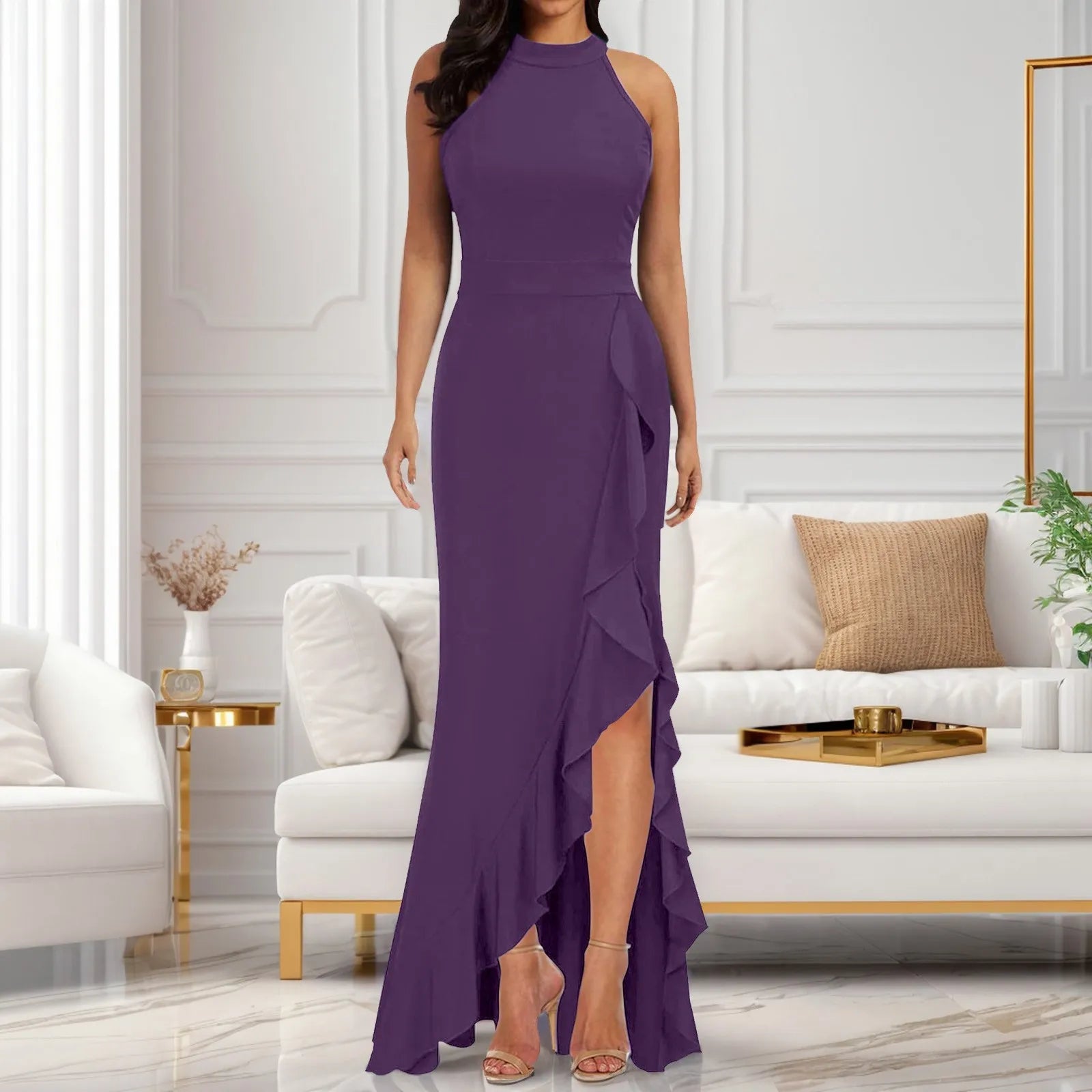 Women Sleeveless Slim Fit Ruffle Long Dress Maxi Dress Milanni Fashion Purple S CN