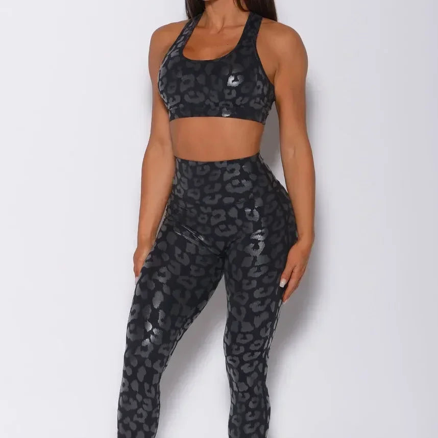 Shiny Fitness Vest & High-Waist Hip-Lift Leggings Two Piece Yoga Outfit Leopard Foil Activewear Set Milanni Fashion