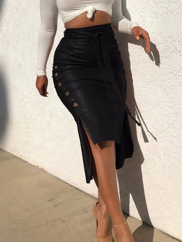 Trendy PU Leather Midi Skirt Stylish Sexy Knee Length Skirt Fashionable High Waisted Design Milanni Fashion