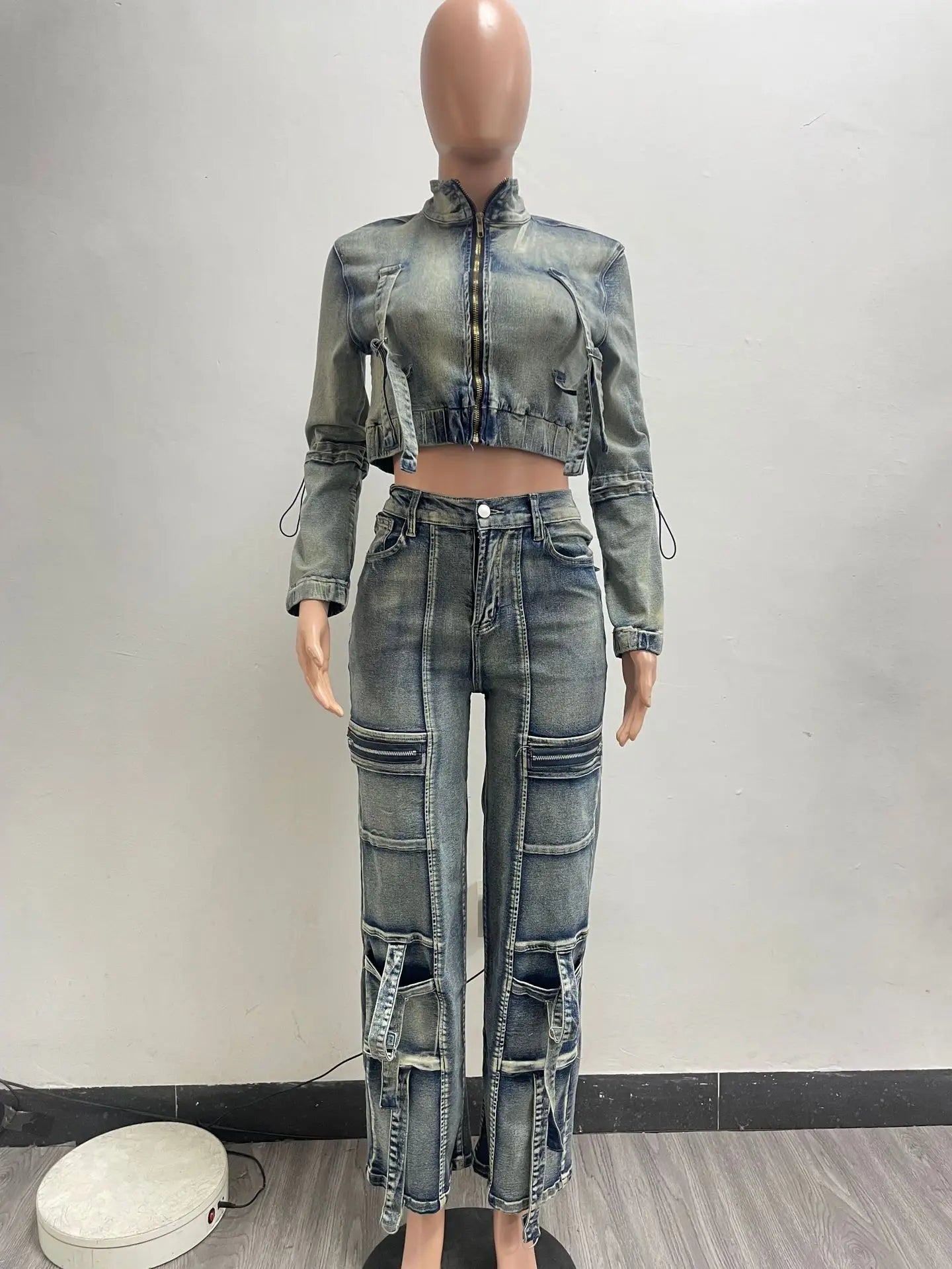 Fashion Stretch Denim Crop Jacket and Pocket Jeans Cargo Pants Casual Denim Two-Piece Suit for Women Milanni Fashion