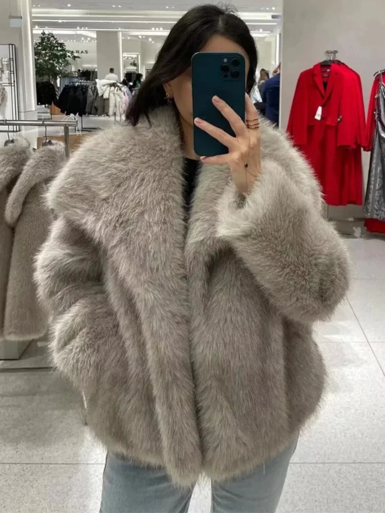 Women's Faux Fur Cropped Jacket Coat Autumn Winter New Lapel Long Sleeve Thick Warm Soft Jacket  Milanni Fashion   