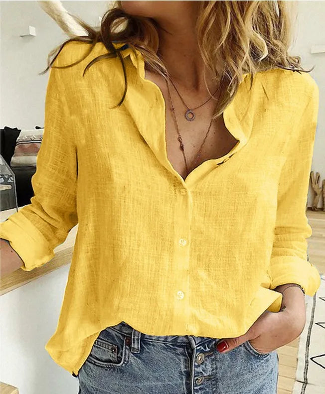 Solid Color Elegant Casual Loose Long Sleeved Linen Shirt for Women Lightweight and Comfortable Milanni Fashion Yellow XL