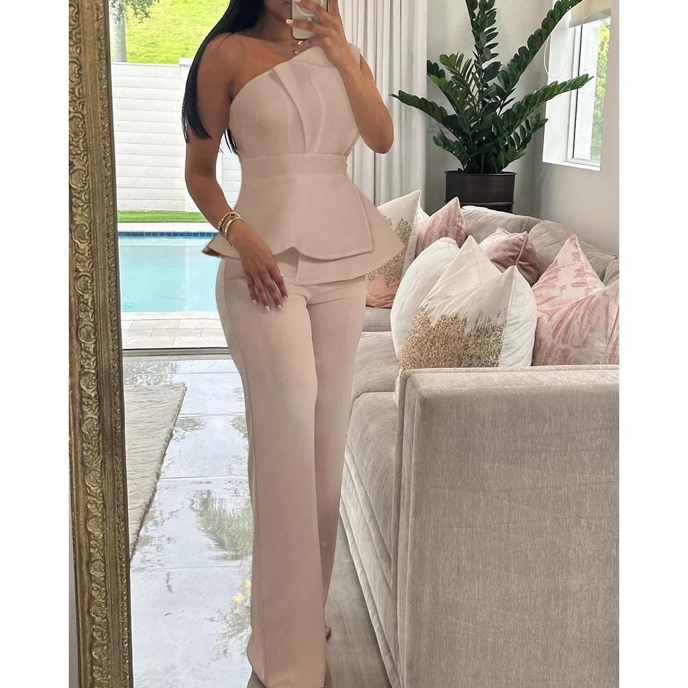 One Shoulder Ruched Top & Straight Leg Pants Set Elegant Solid Color Two Piece Set Two piece set Milanni Fashion Beige L 