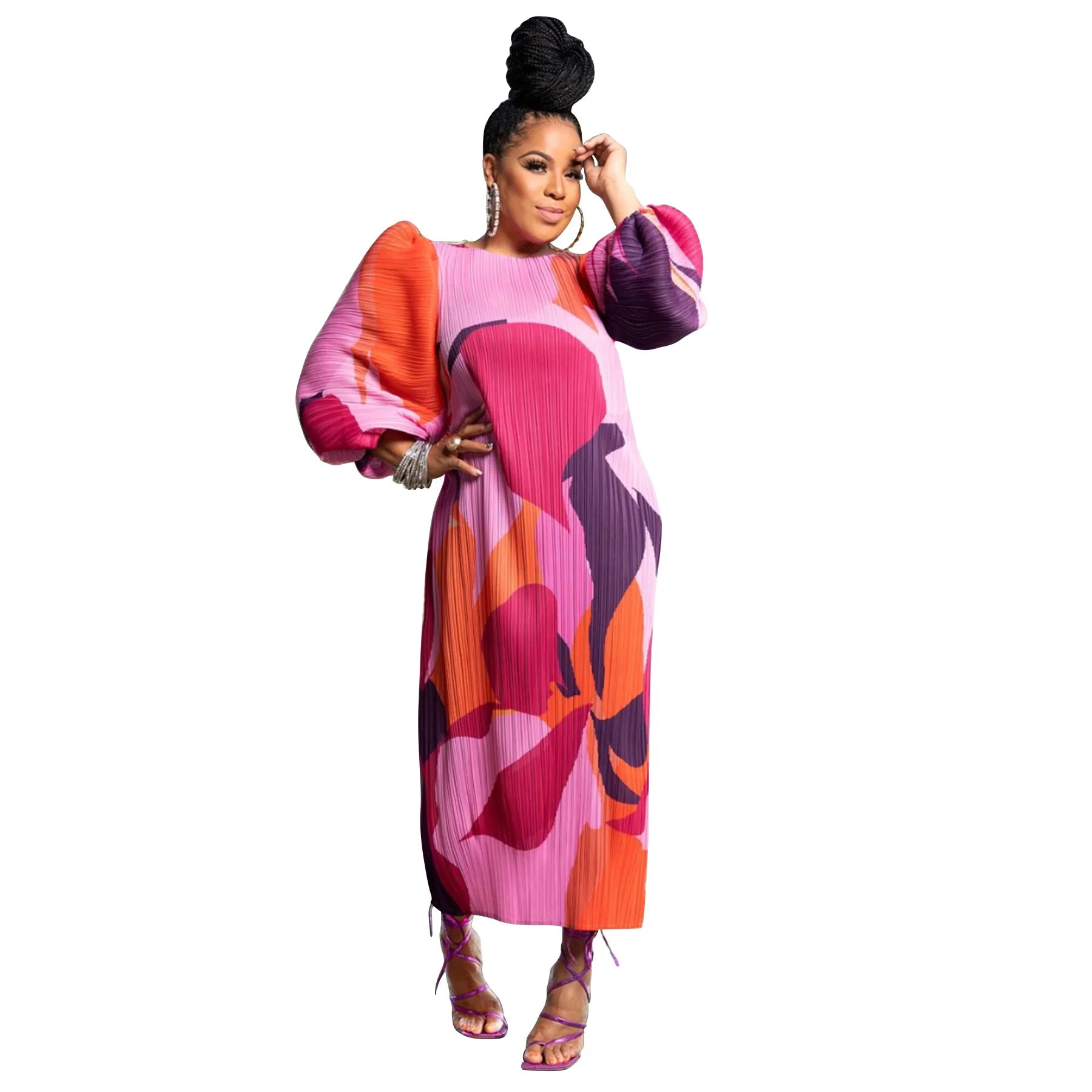 Elegant Women Pleated Half Lantern Sleeve O-neck Slim Maxi Long Dress Maxi Dress Milanni Fashion Pink One Size 