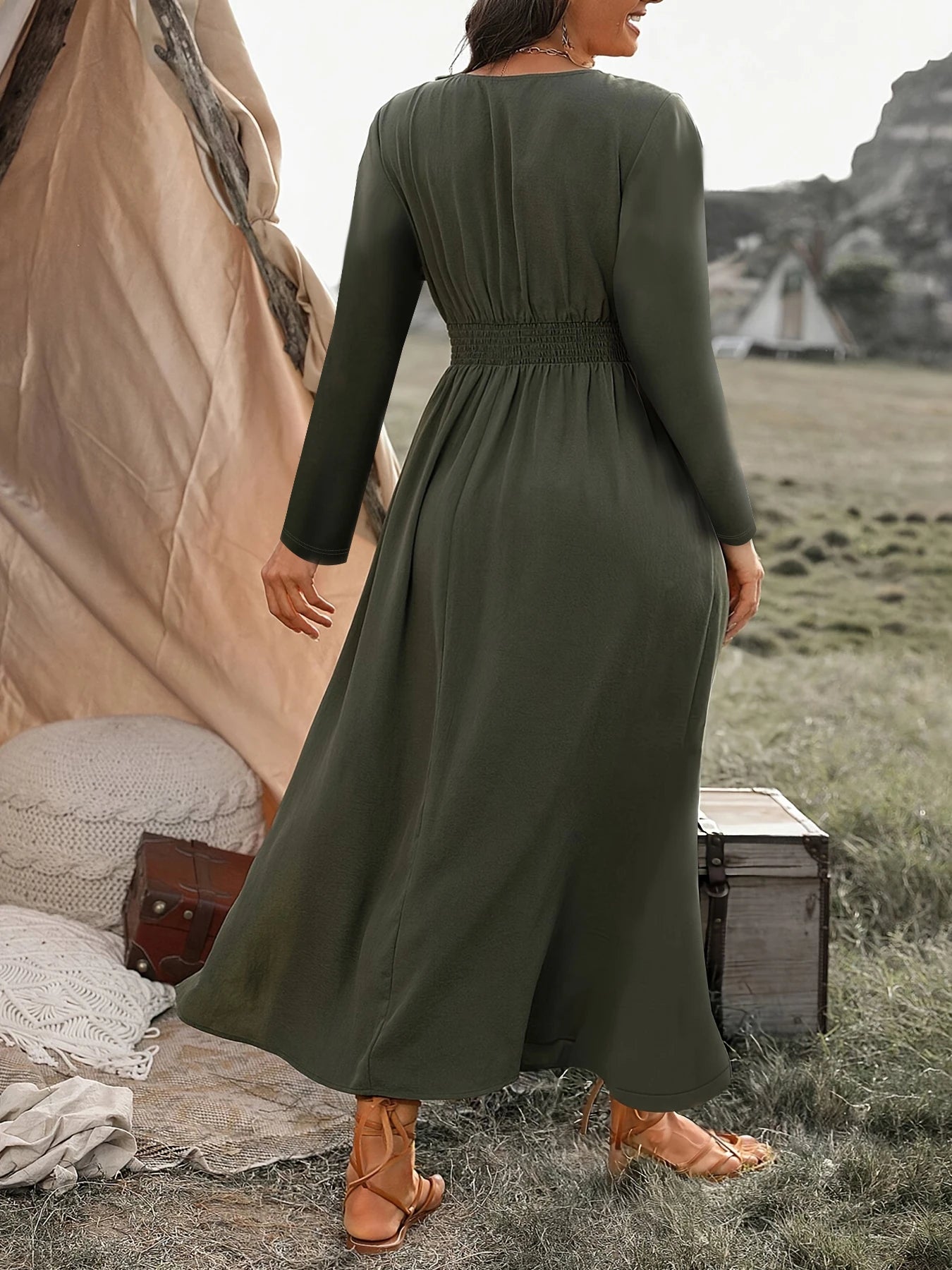 Cross-border Plus Size Autumn New Fashion V-neck Tunic Long Sleeve Dress Midi Dress Milanni Fashion   