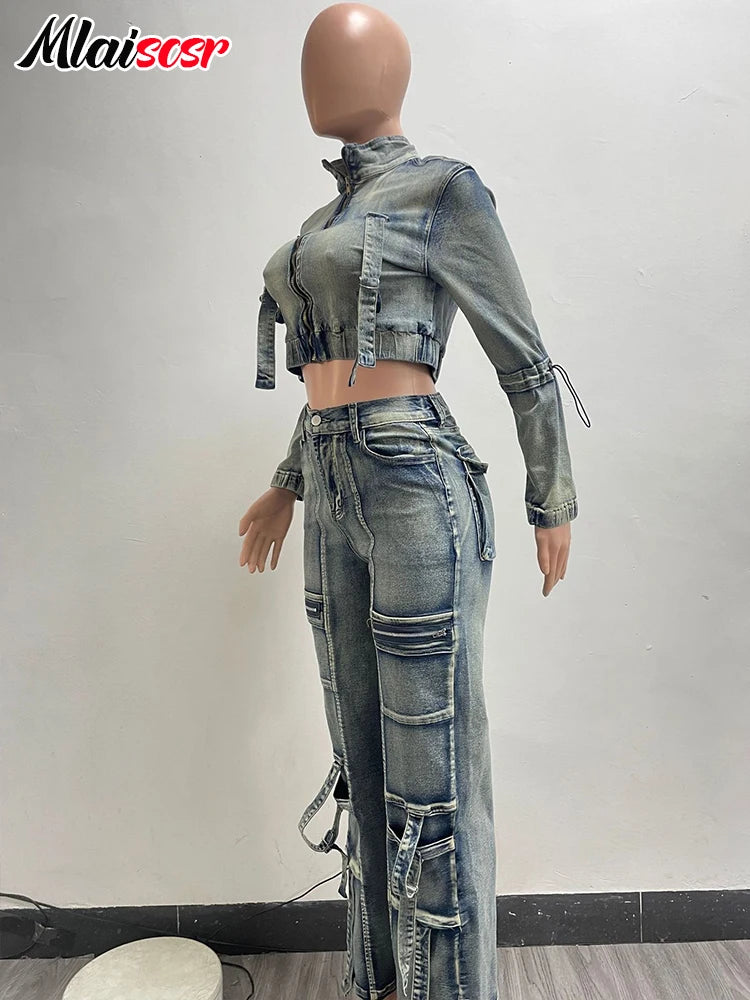 Vintage Stretch Denim 2 Piece Pants Sets Women Zip Slim Jackets and Pocket Cargo Jeans Outfit Streetwear Winter Suits Milanni Fashion