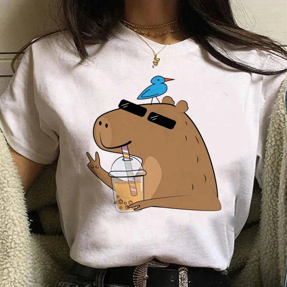 Cute Capybara Cotton T-Shirt for Women Vintage Cartoon Graphic Tee Top Casual Stylish Apparel Milanni Fashion