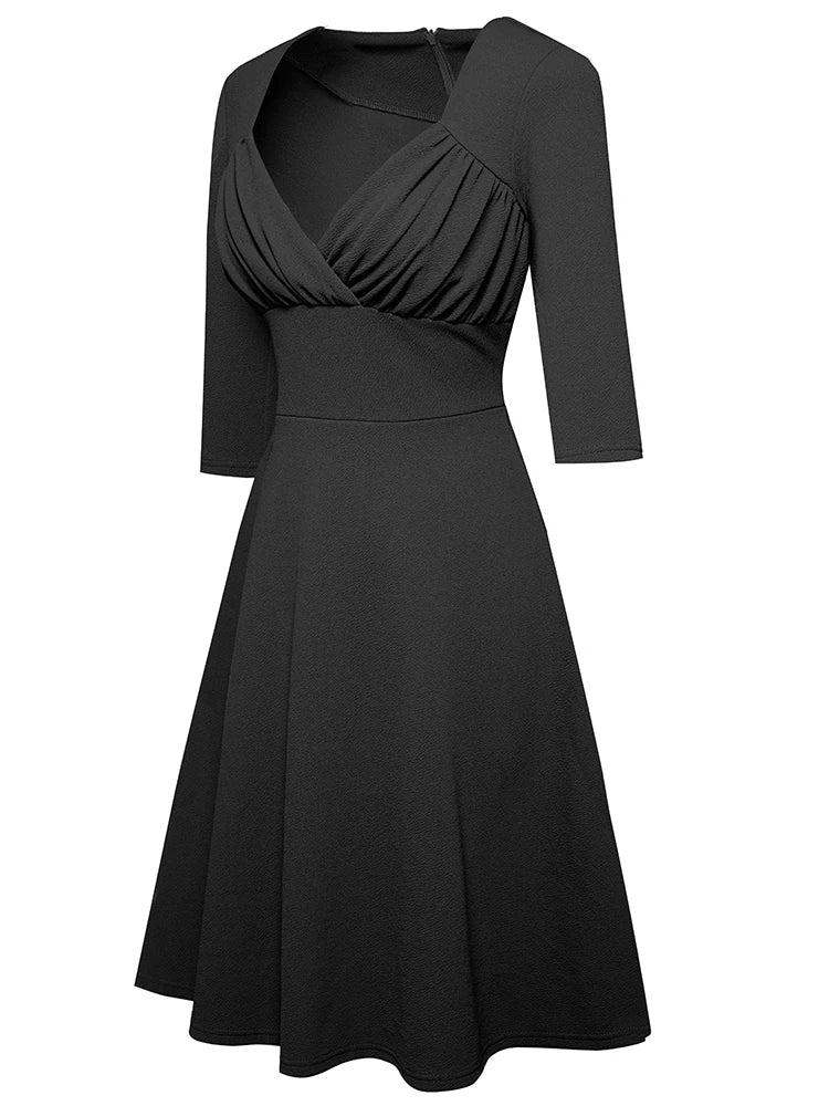 Women Chic Solid Color Sexy Low Cut Dress Cocktail Party Elegant Flare Swing Dress  Milanni Fashion   