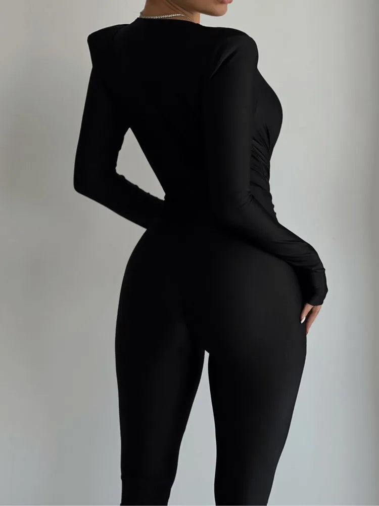 Deep V-Neck Long Sleeve Skinny Jumpsuit Elegant Black High-Waist Ruched Slim Fit Romper for Women Milanni Fashion