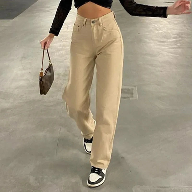 American Woman Jeans Streetwear Vintage Straight Loose Fit Full Length Denim Pants Casual Fashion Milanni Fashion Khaki XL