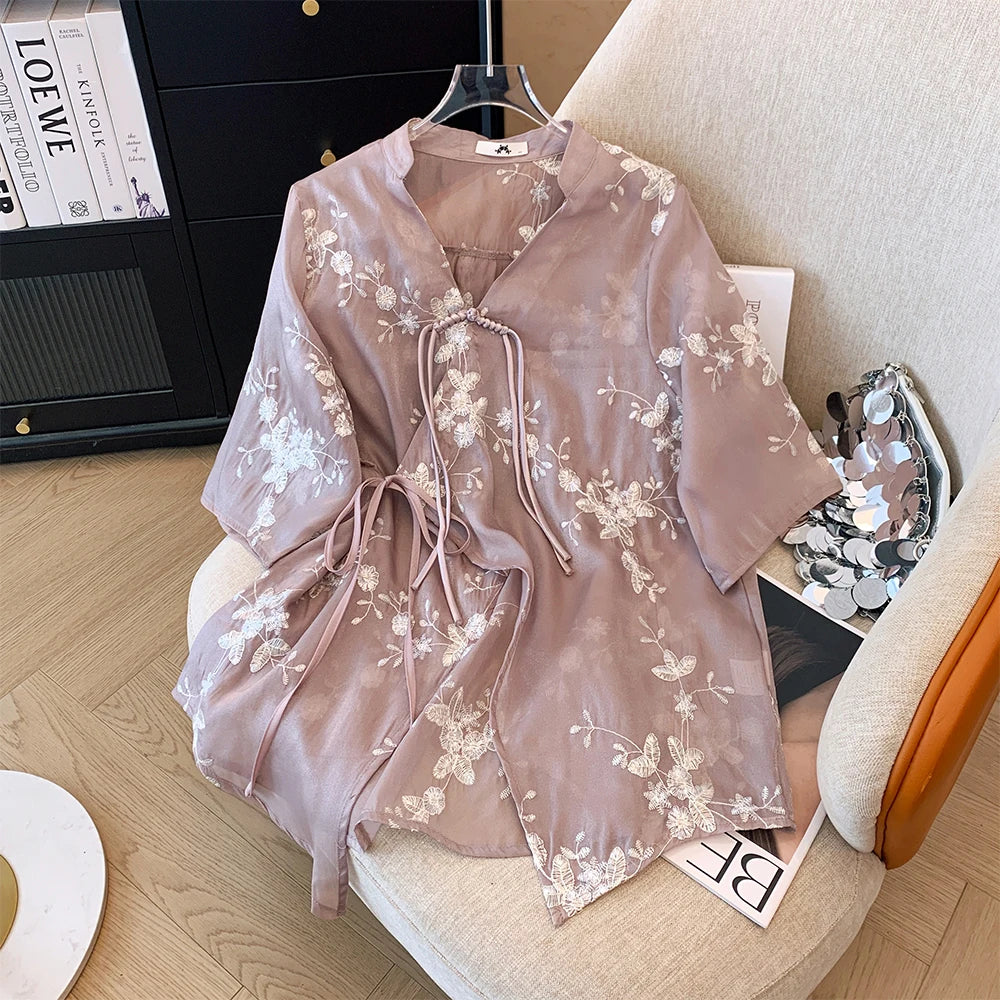 Plus Size Women's Summer Casual Chiffon Shirt Loose Comfortable Chinese Style Cardigan Top Lightweight Milanni Fashion