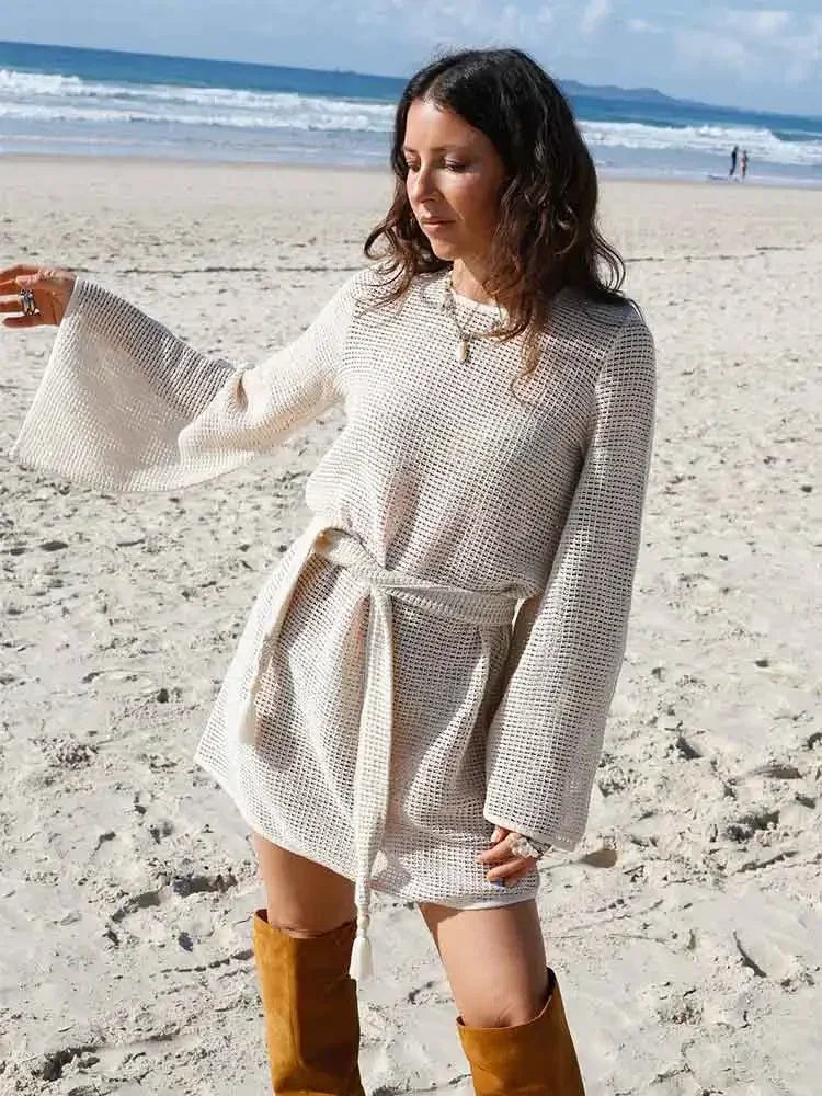 Swimwear Cover Up Knit Cut Out Round Neck Bell Sleeve Mini Beachwear Dress Women Summer Fashion Milanni Fashion Beige S