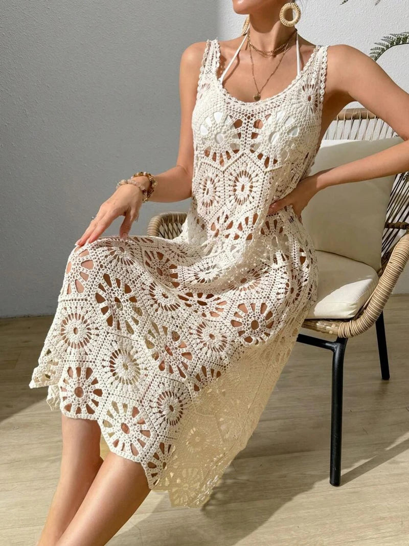 3D Flower Knitted Sling Long Dress Women Sexy Deep V-neck Sleeveless Lace Up Beach Dress  Milanni Fashion   