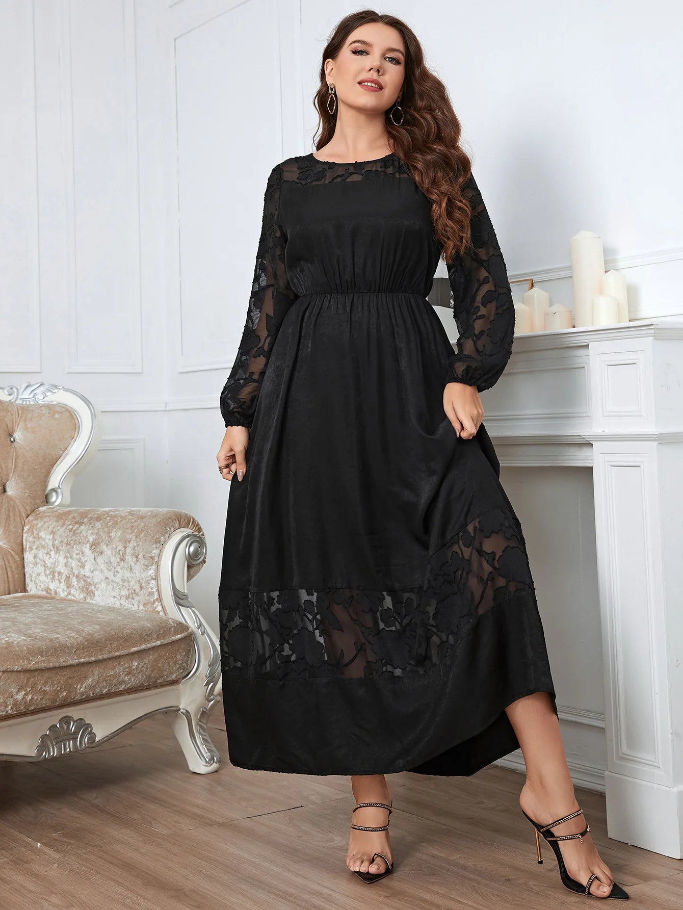 Plus Size Lace Dress For Women Sexy Long Sleeves Robe Maxi Solid Color Dress Autumn Gown Maxi Dress Milanni Fashion   