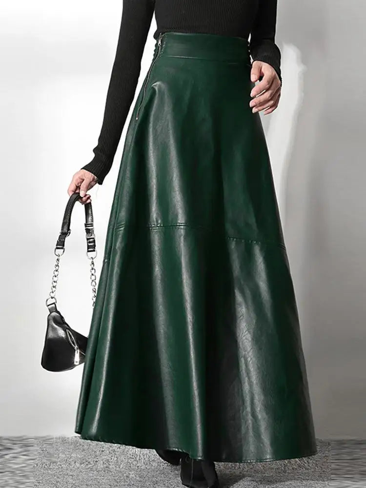 PU Leather Maxi Skirt Spring Elegant OL High Waist Zipper Solid Casual Fashion Skirt Milanni Fashion