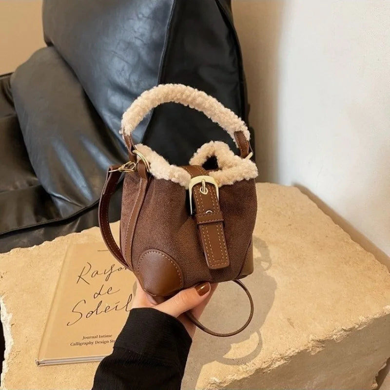 Lamb Wool Casual Bucket Crossbody Bag Women's Luxury Deerskin Fleece Leather Shoulder Handbag Milanni Fashion