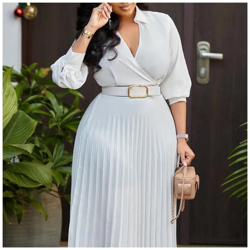 Pleated V-Neck Long Sleeve Belted Midi Dress for Autumn Stylish Elegant Women's Fall Fashion Dress Maxi Dress Milanni Fashion