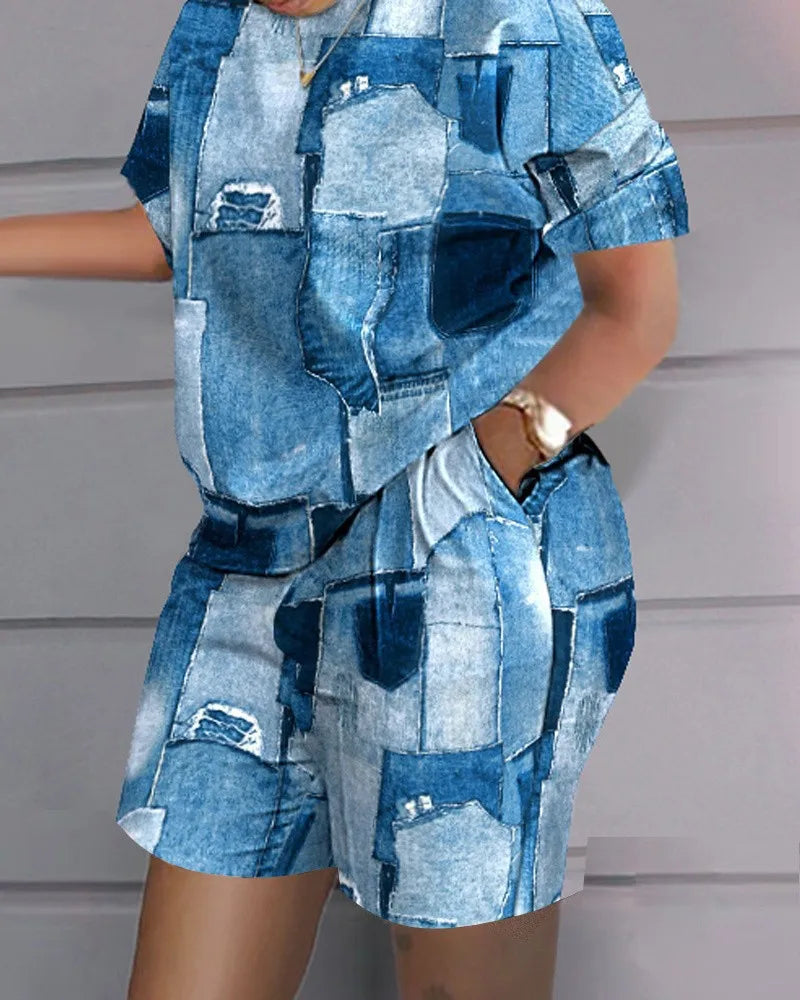 Casual Summer Two Piece Set Short Sleeve Plaid Print T-Shirt and Pocket Shorts Outfit for Women Stylish Look Milanni Fashion Denim XXXL