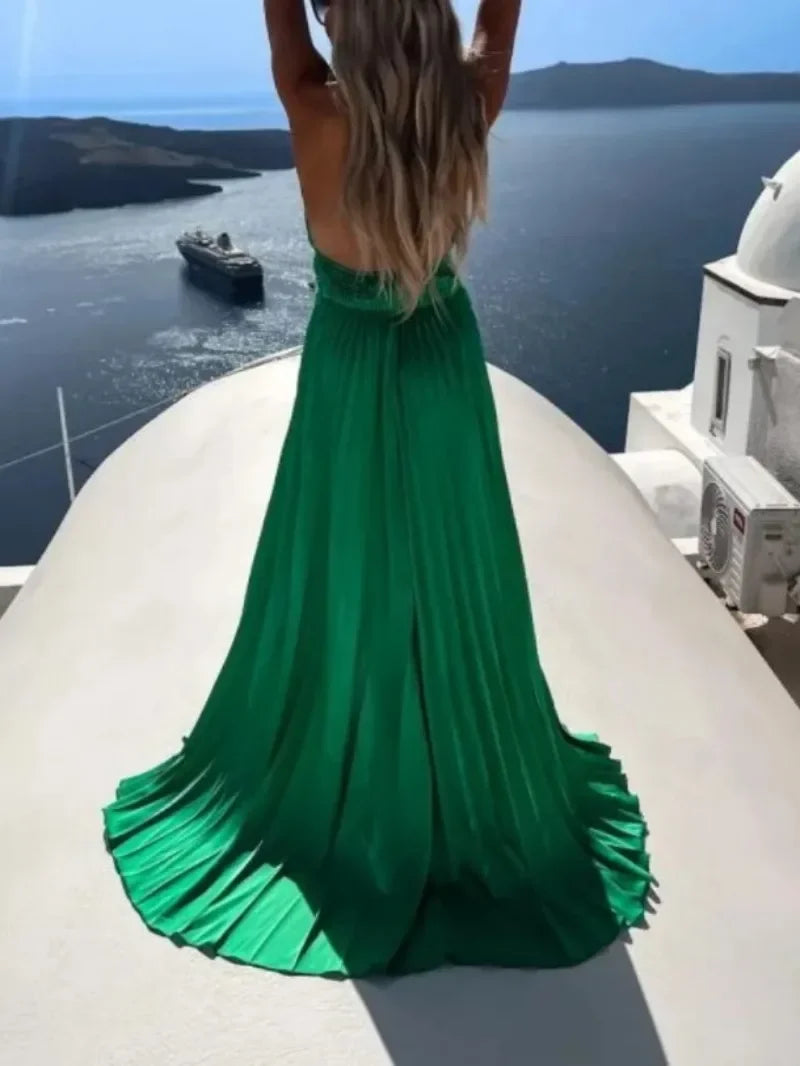 Sleeveless Cross Hanging Neck Long Dress - Bottom Split Fold Dress Maxi Dress Milanni Fashion   