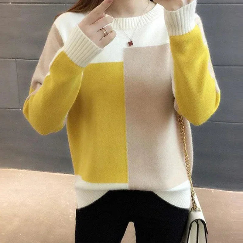 Knitted Ribbed O-Neck Color Contrast Sweater Loose Long Sleeve Wool Pullover Stylish Warm Top for Women Milanni Fashion