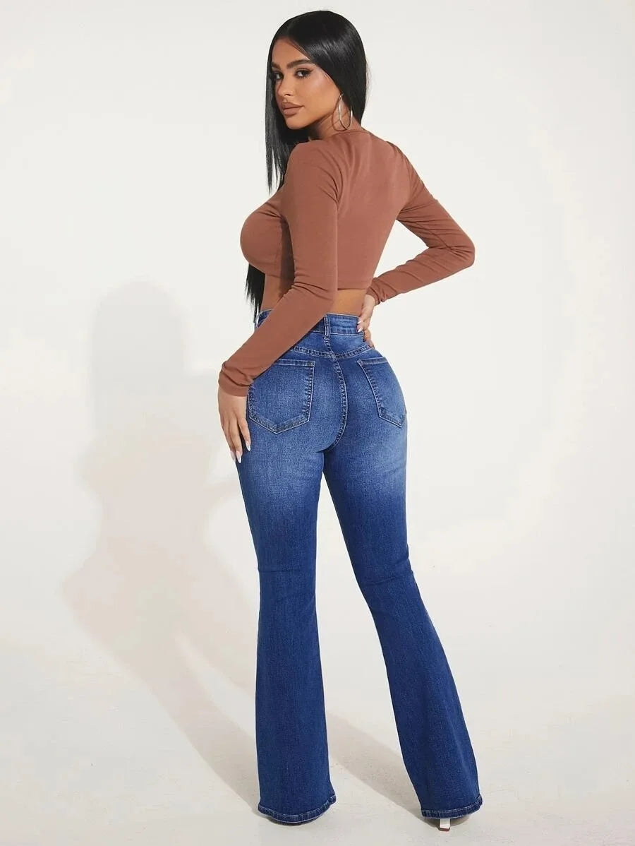 High-Waist Bootcut Jeans Flared Denim Pants with High Stretch Fashionable Trousers for Women Milanni Fashion