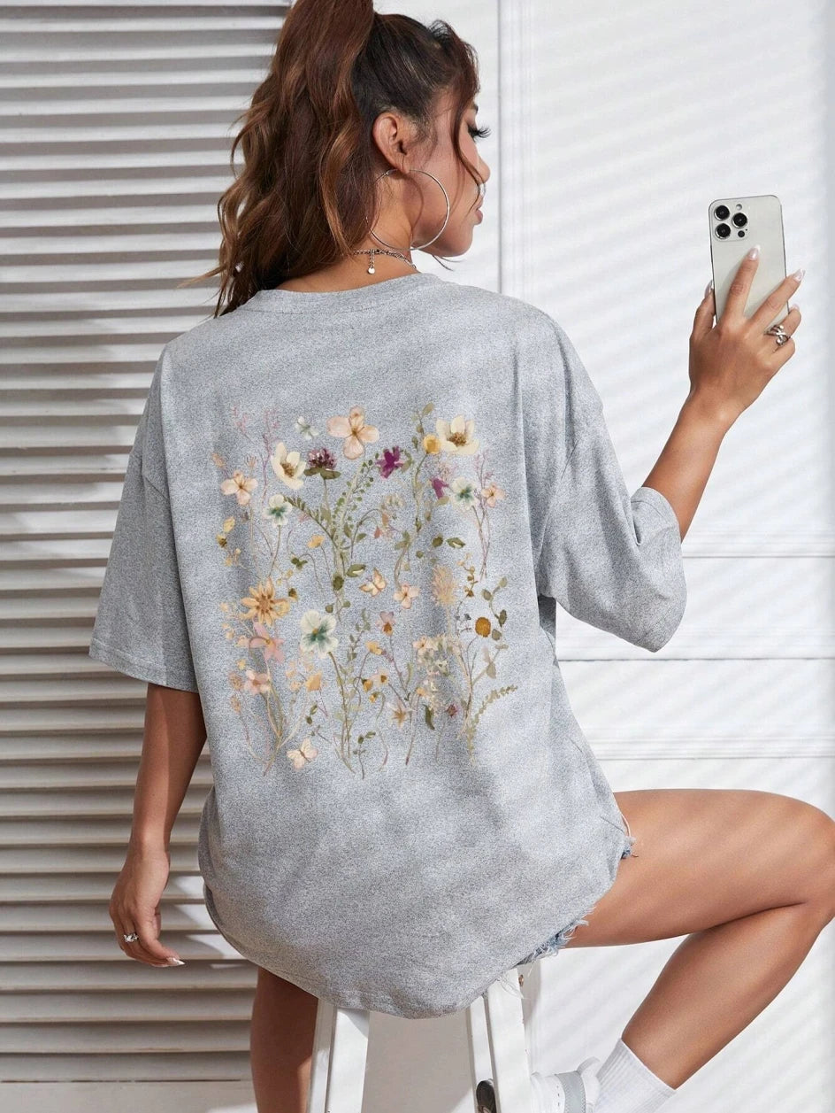 Flower Clusters Print Cotton Women T-Shirt Stylish and Comfortable Casual Tee for Everyday Wear Milanni Fashion Grey XXL