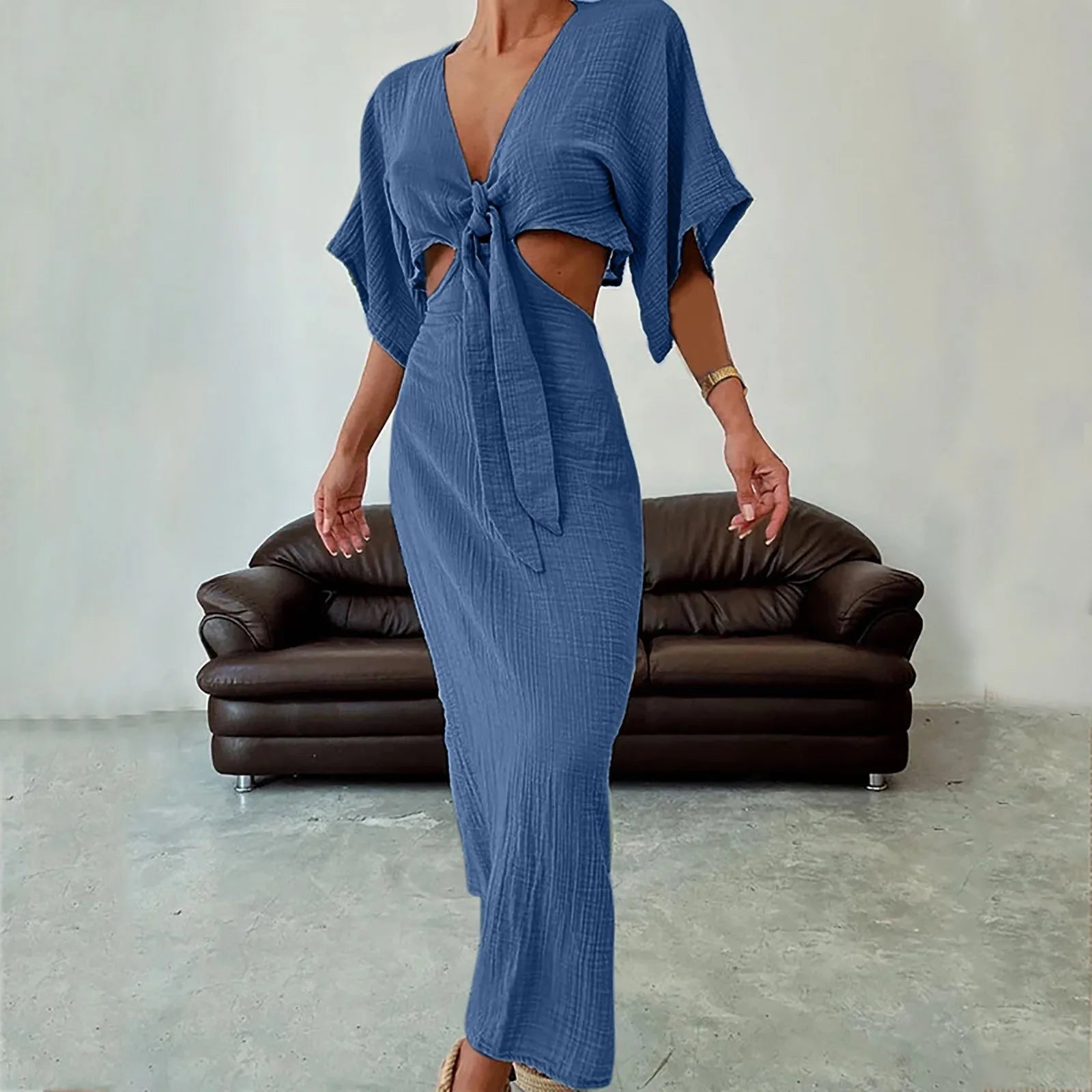 Casual Solid Cotton Linen Dress Women Sexy Deep V Neck Hollow Out Long Dress Maxi Dress Milanni Fashion Blue S United States