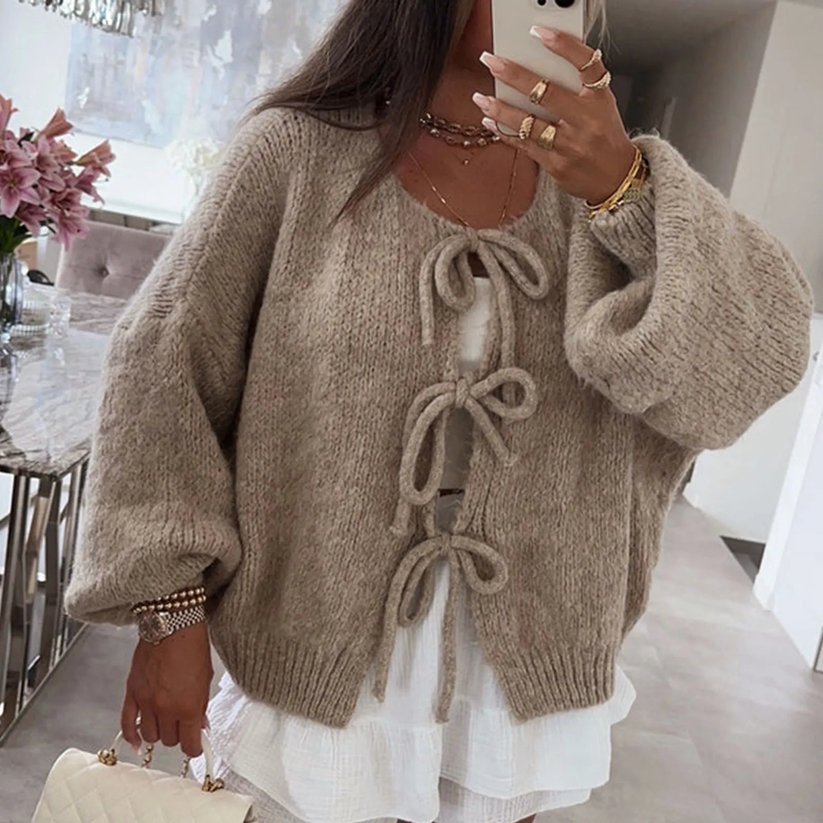 Women's Vintage Sweater Clothes Fall Tie Front Sweater Solid Color V-Neck Long Sleeve Loose Knitwear Soft Cardigan  Milanni Fashion   