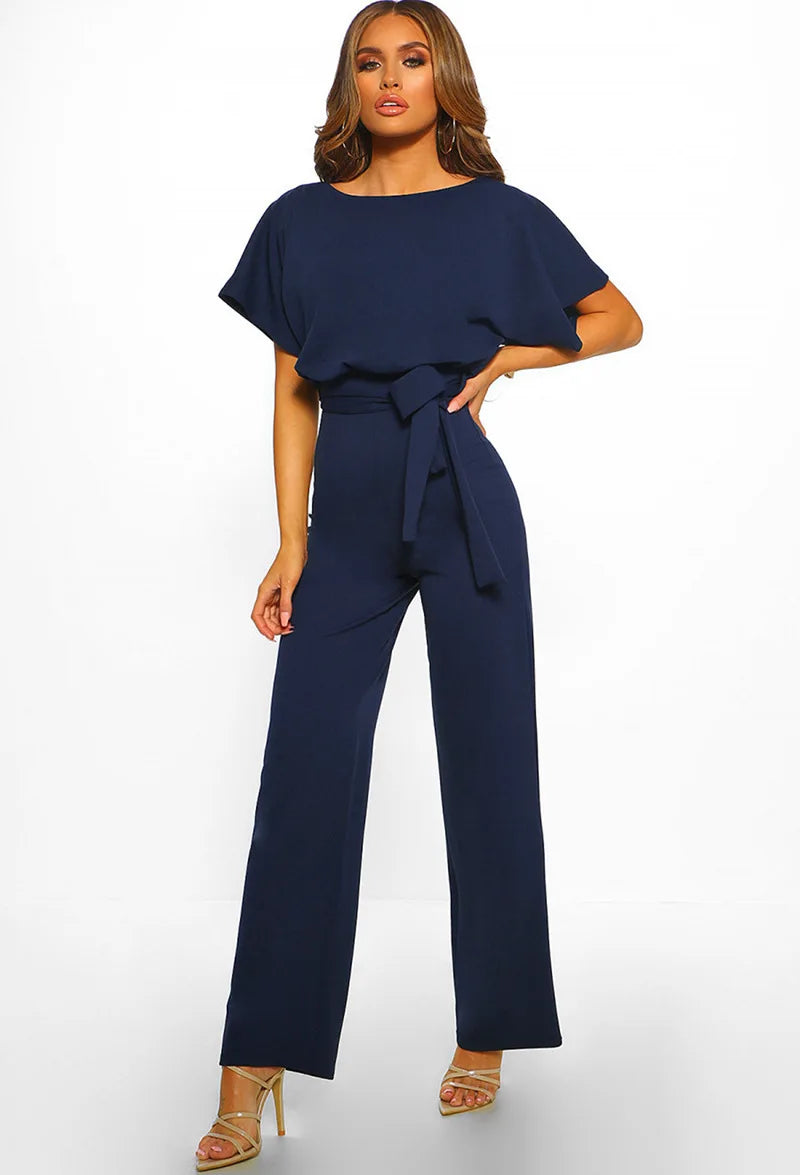 Short Sleeve Hollow Waist Tie Wide Leg Pants Bodysuit Solid Color Overall Fashionable Jumpsuit for Women Milanni Fashion