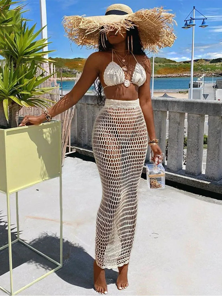 Hollow Out Bandage Spaghetti Strap Top And Long Skirt  Beach Summer 2 Piece Set Women Outfits  Milanni Fashion   