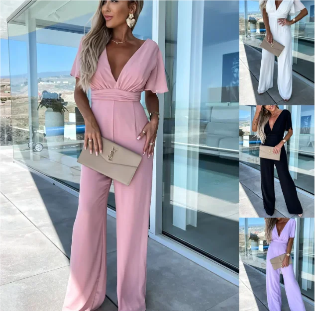 Loose Short Sleeve Casual Jumpsuit Elegant V-Neck Fashion Clubwear Wide Leg Slim Pants with Lace-Up Waist Milanni Fashion