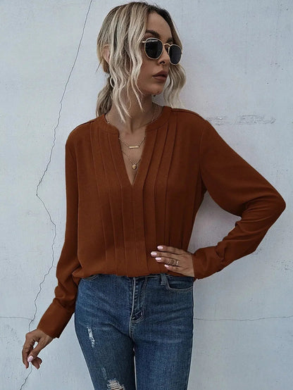 Josephine | Elegant pleated V-neck blouse with graceful feminine drape
