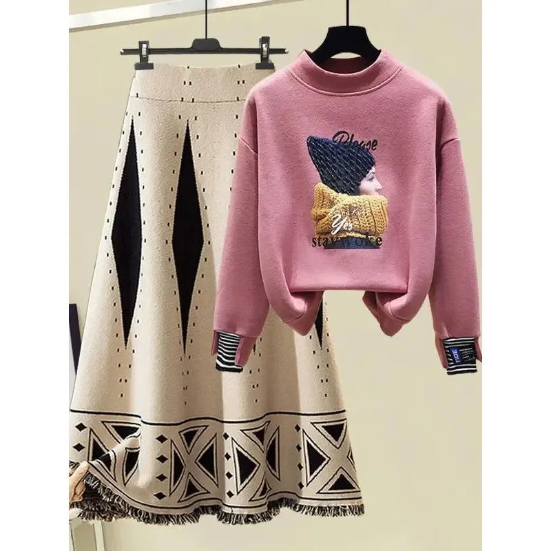 Long Sleeve Pullover Sweatshirt & High-Waist Knitted Skirt Outfit Autumn/Winter Two Piece Set for Women  Milanni Fashion   