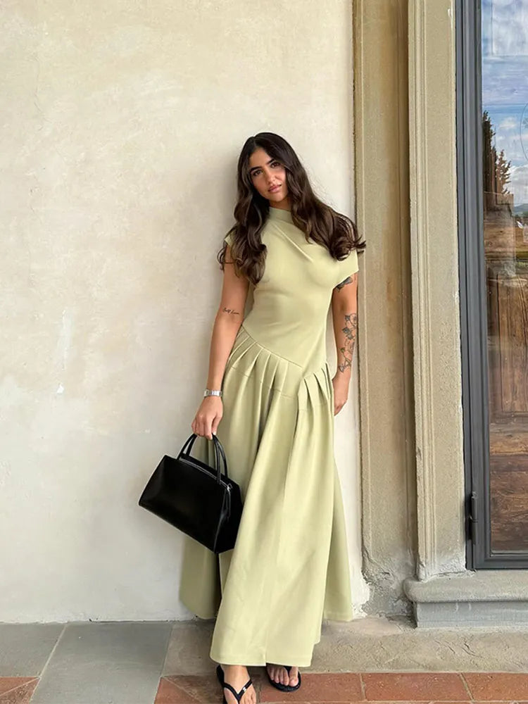 Women Elegant Pleated Dress Fashion O Neck Short Sleeve Patchwork Long Dress Maxi Dress Milanni Fashion   