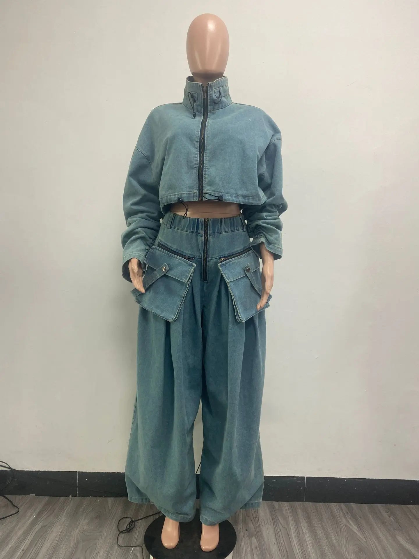 Trendy Denim Pantsuit Multiple Pockets Jacket Coat and Loose Jeans Pant Two Piece Set for Women Milanni Fashion