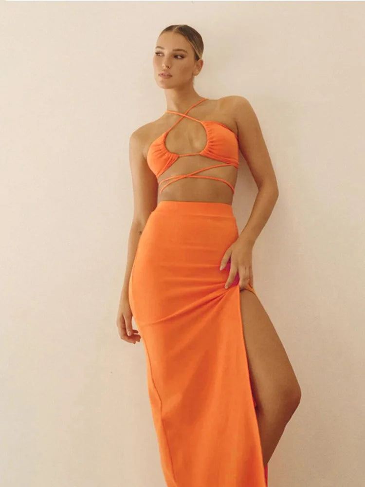 Bandage Cut Out Sexy Halter Neck Top and Skirts Elegant Outfit Split Two Piece Set  Milanni Fashion   