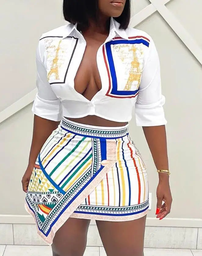 New Women's 2-Piece Set Graphic Print Buttoned Shirt & Striped Asymmetrical Skirt Suit  Milanni Fashion White S 