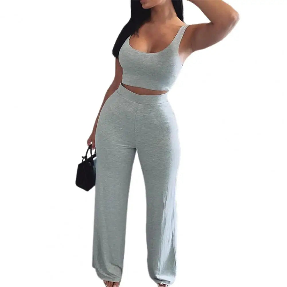 Tank Crop Top & Straight Pants Lounge Wear Matching Ensemble Outfit Women’s Two-Piece Set Milanni Fashion Grey 2XL