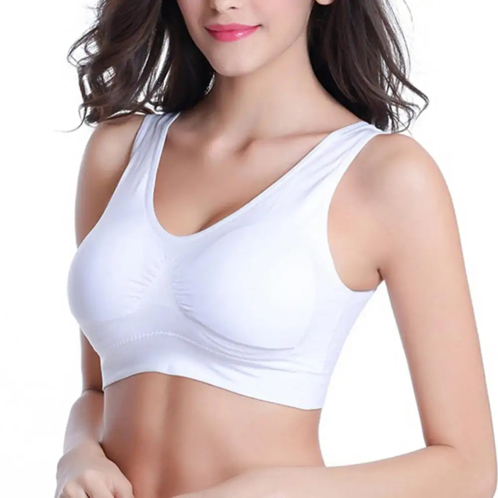 V Neck Wire Free Stretch Sports Bra Pure Color Yoga Crop Top for Comfort and Support Women's Wear Milanni Fashion White XXXL