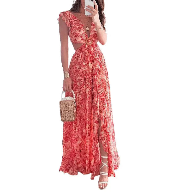 Printed Hot Girl Style Deep V Sexy Waist-exposed Long Pleated Casual Dress Maxi Dress Milanni Fashion   